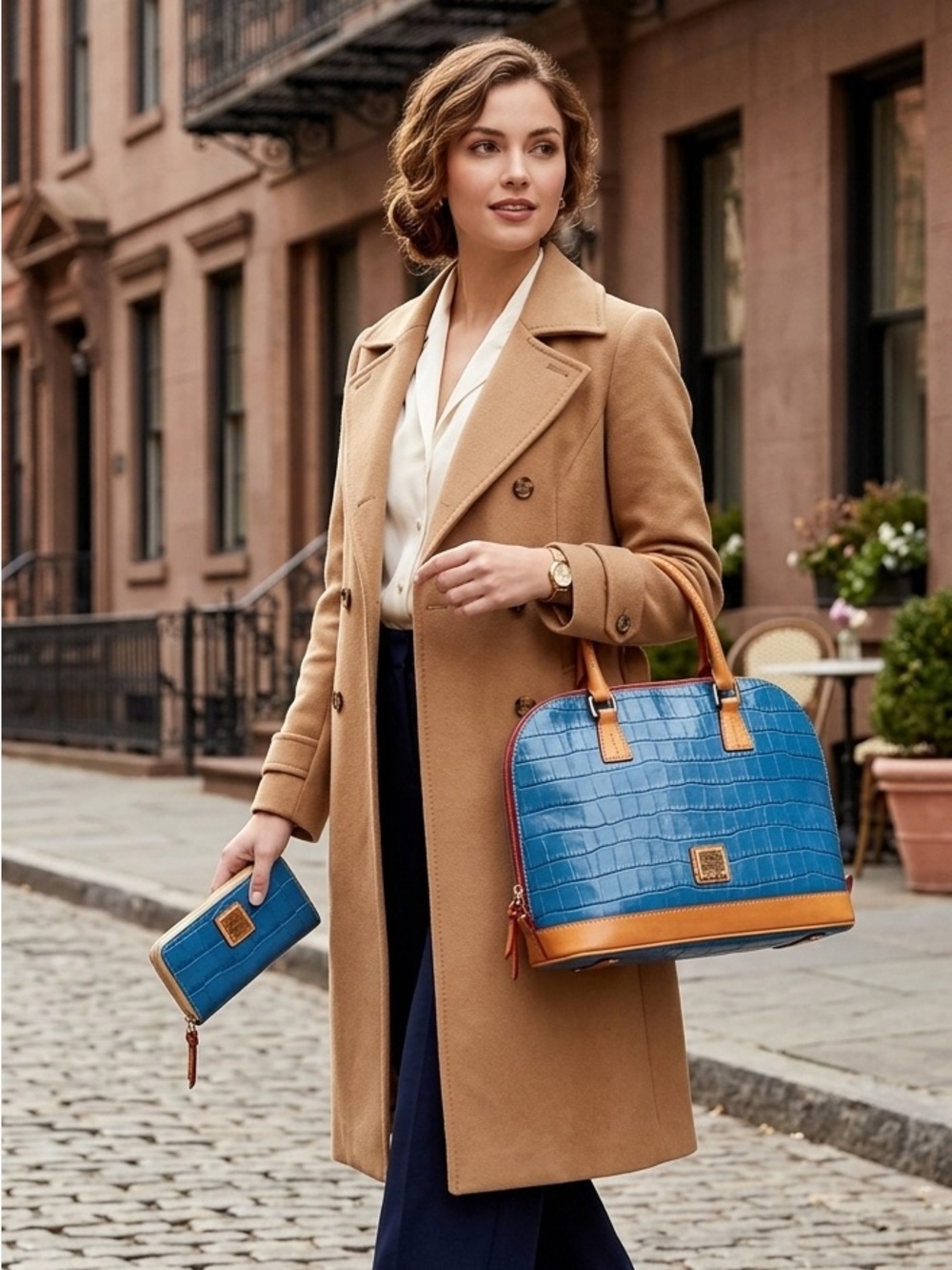 Dooney & Bourke Blue Croc-Embossed Satchel with Tan Trim